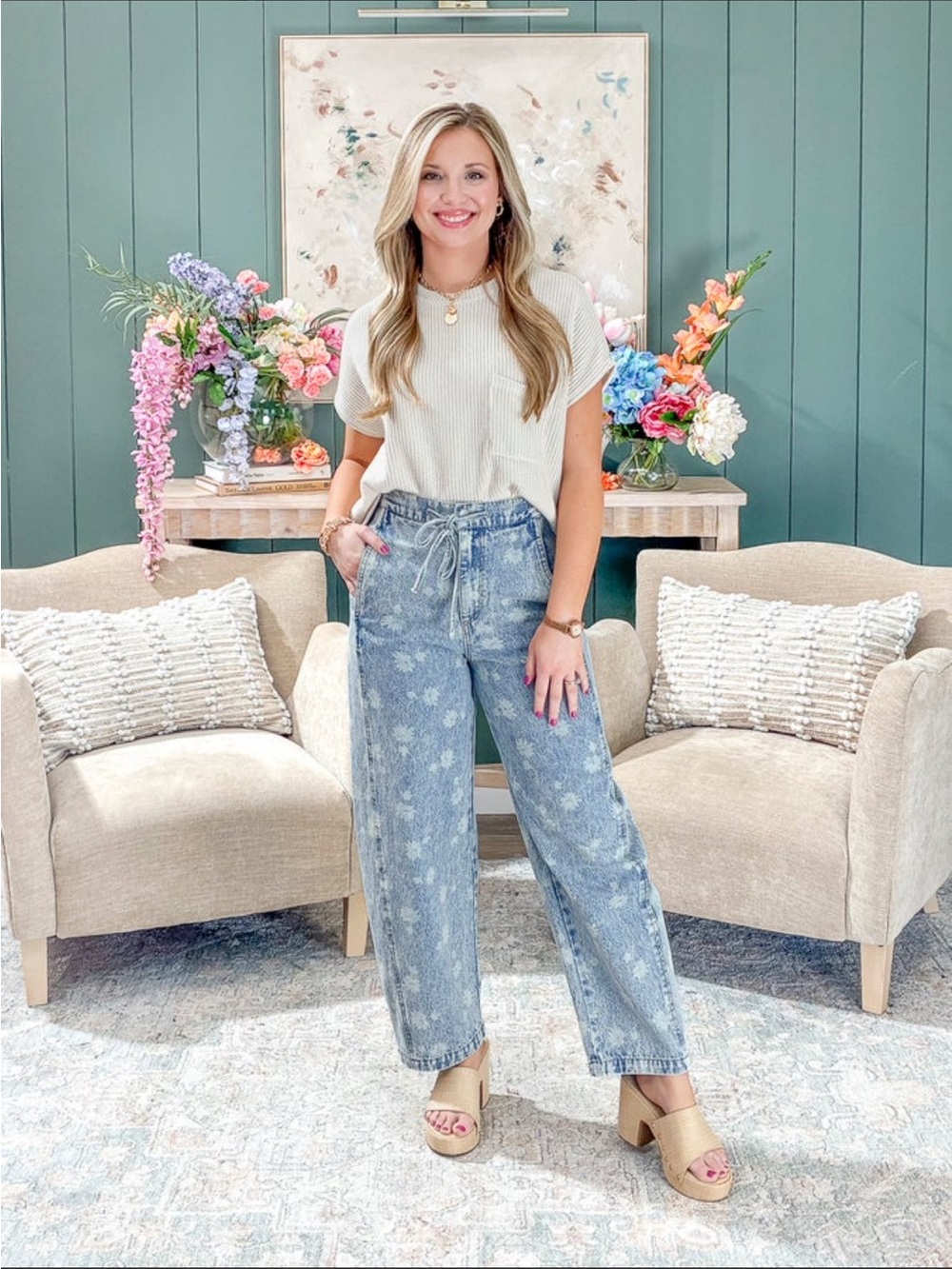 J.O.A. Light Blue Tie-Waist Patterned Wide-Leg Jeans